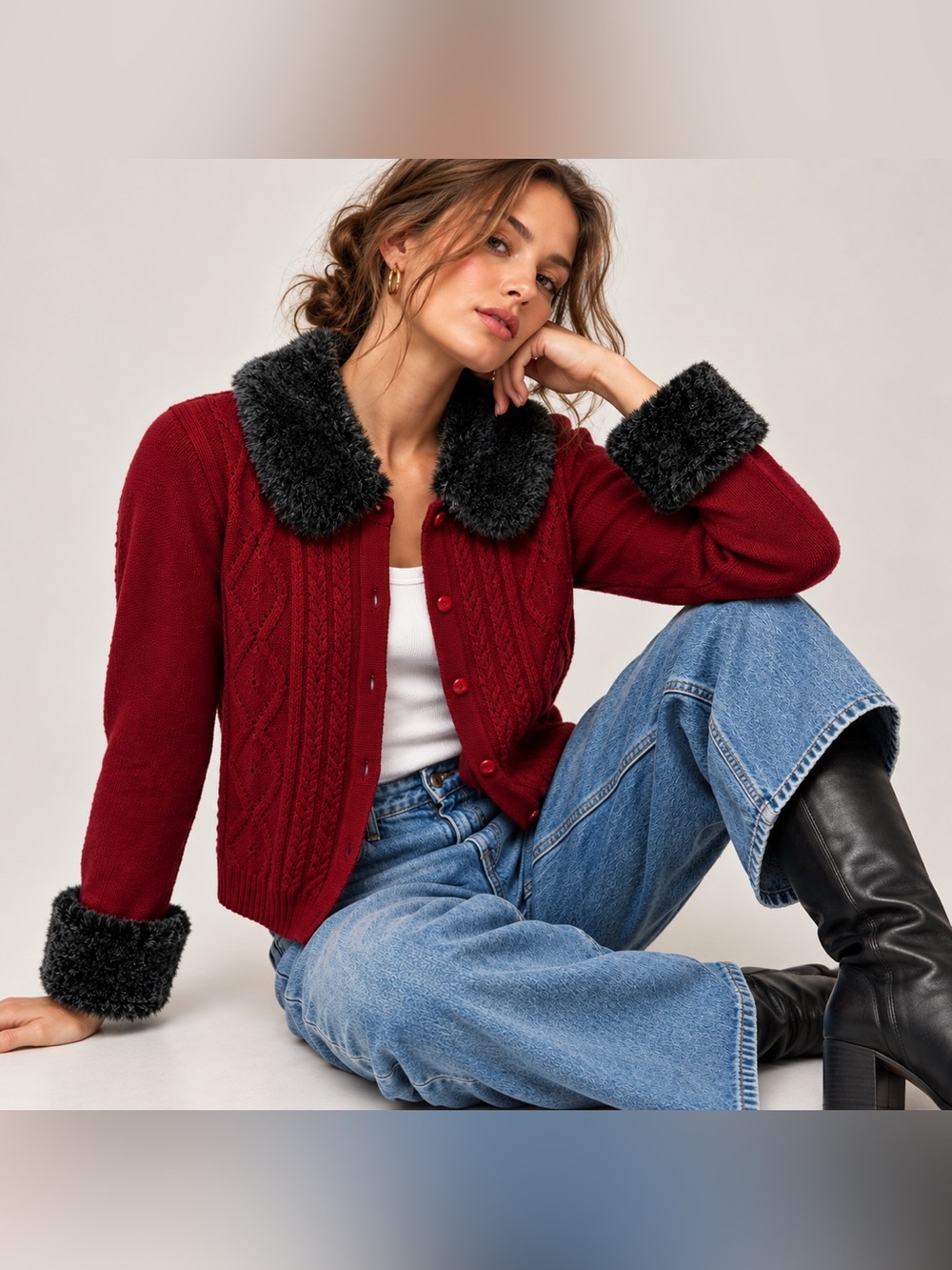 Vintage Alfred Dunner Burgundy Faux Fur Cable Knit Cardigan S Y2K Indie Sleaze